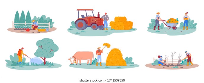 Trabajador agrícola. Escenarios de la vida agrícola, plantas de cultivo y cosecha. Hombre en tractor recogiendo heno en pajar. Caricaturas plantando árboles frutales. Carácter de trabajador rural,