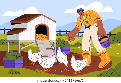 Gallinas de alimentación para trabajadores agrícolas. Los granjeros esparcen grano a los pollos. Reproducción, cuidado con el pájaro doméstico. Una chica rocia maíz para criar animales cerca de la cooperativa. Paisaje agrícola. Ilustración vectorial plana