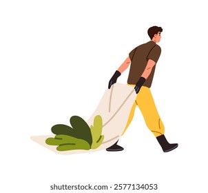 Agriculture worker pulls leaves, weeds from garden to compost. Farmer carries picked waste, garbage. Man gathers trash, works on farm, farming. Flat isolated vector illustration on white background