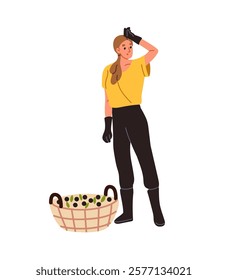 Agriculture worker standing near basket of gathered garden crop. Tired from work farmer wipes sweat. Woman picked up berries, farming harvest. Flat isolated vector illustration on white background.