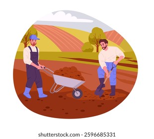 Agriculture workers gardening. Male farmers dig ground and carry soil on cart, harvesting and husbandry flat vector illustration. Cartoon characters work with soil
