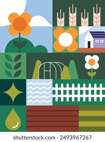 Agriculture works, farm field, farmland landscapes, geometric pattern with rural field, sustainable agriculture, eco agronomy card, harvest, plants, leaves concept flat vector illustration.