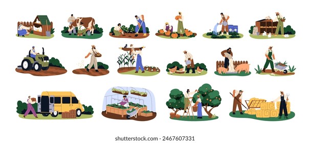 Agriculture works set. Farm workers at countryside. Farmers rural life with crop plants, harvest and animals. Agribusiness at country, village, farmland. Flat vector illustration isolated on white