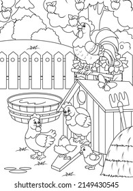 Agriculture, yard. Bird farm. Chickens in the yard. Children coloring book.