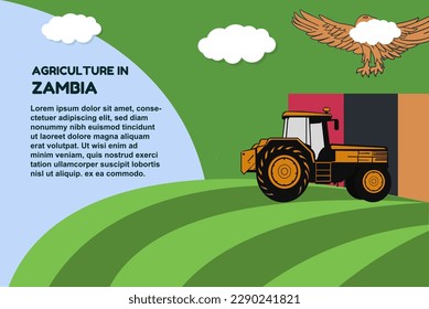 Agriculture in Zambia concept, banner with tractor field and text area, farming and cultivation idea, vector design, agrimotor and plantation with Zambia flag, organic farming