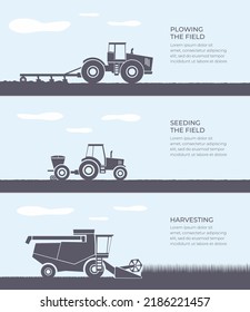 Agriculture.Different agricultural vehicles and machinery works on field.SVG.Harvester,tractor,seeder,plow. Banners set of agricultural equipment tillaging farmland. Isolated flat vector illustration svg