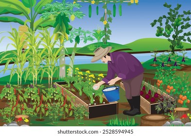 agriculturist is fertilizering into vegetables in her garden.vector design