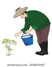 agriculturist filling fertilizer into Cassava plant on white background vector design