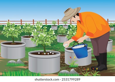 agriculturist is filling fertilizer in to jusmine plant vector design