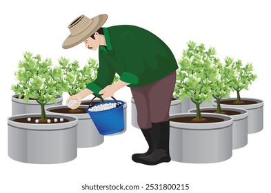 agriculturist is filling fertilizer in to jusmine plant vector design