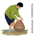 agriculturist finding fish in canal shape vector design