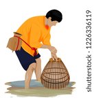 agriculturist finding fish in canal shape vector design