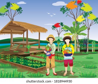  agriculturist harvest fruit and vegetable in garden vector design
