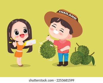Agriculturist man character with durian fruit. Chibi cute consumer love durian of thailand. Product of Thailand. Monthong King of fruit.