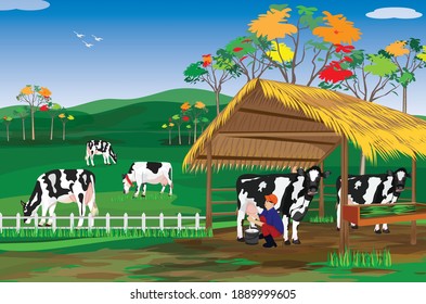 agriculturist Milk from cow at farm vector design