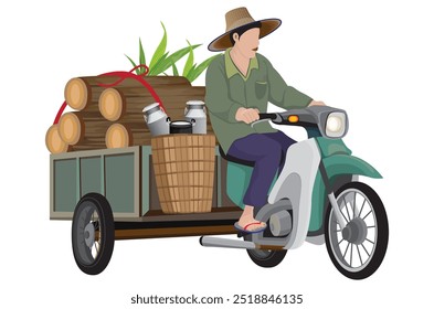 agriculturista dirigindo motocicletas com carros laterais, carregando lenha, design vetorial.