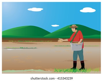 agriculturist sowing rice at paddy field vector design