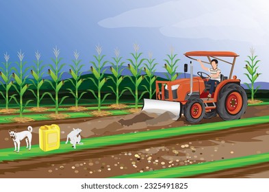 agriculturist use tractor plow in corn field, vector design