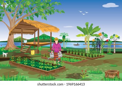 agriculturist watering into vegetable at countryside vector design