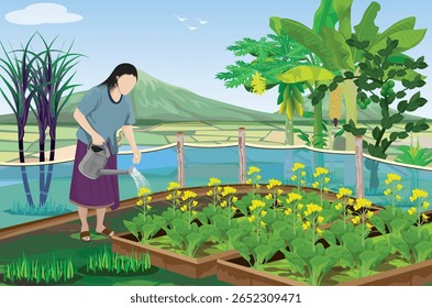 agrturista está regando em projeto de vetor de jardim vegetal