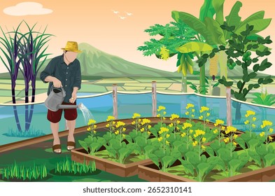 agrturista está regando em projeto de vetor de jardim vegetal