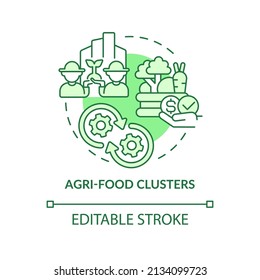 Icono de concepto verde de los grupos agroalimentarios. Industria agrícola. Tendencias agrícolas abstractas ilustraciones de líneas delgadas de ideas. Dibujo de contorno aislado. Trazo editable. Fuentes Arial, Myriad Pro-Bold utilizadas