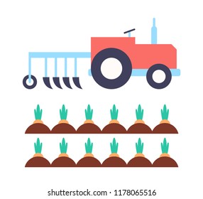Agrimotor with plough farming transport automobile machinery. Carrots growing in ground. Agriculture plant production veggies set isolated vector icons