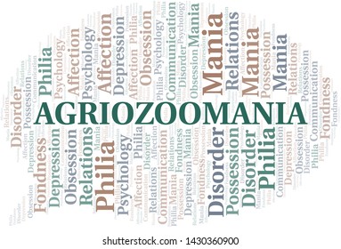 Agriozoomania word cloud. Type of mania, made with text only.