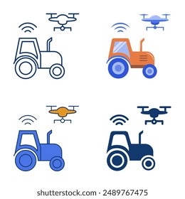 Agritech, digital farming icon set in flat and line style. Smart tractor and copter. Vector illustration