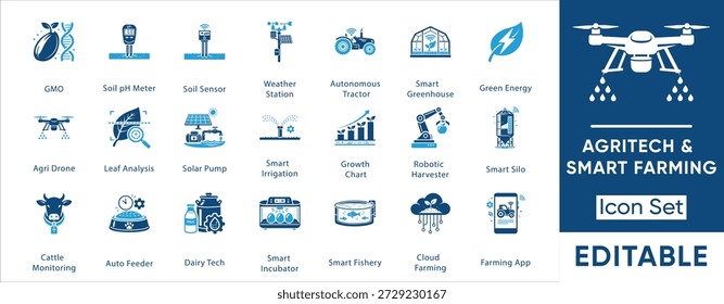 Conjunto de iconos de agricultura inteligente y agritech. Contiene dron, tractor, invernadero, irrigación, sensor de suelo, cosechadora, robot y más. Colección de iconos de vectores sólidos.