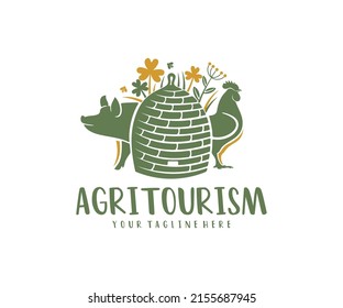 Agroturismo, colmena, hornos, cerdos y gallos, diseño de logotipo. Agricultura, agricultura, apicultura, ganadería y avicultura, diseño de vectores e ilustración