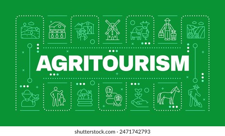 Concepto de palabra verde de agroturismo. Actividades agrícolas y estancias. Turismo rural. Negocio agrícola. Imagen Horizontal del Vector. Texto de título rodeado de iconos de esquema editables