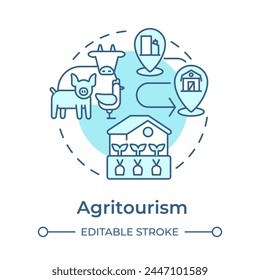 Agritourism soft blue concept icon. Niche tourism. Rural tourism. Farm activities. Animal husbandry. Round shape line illustration. Abstract idea. Graphic design. Easy to use in blog post