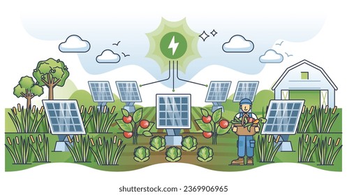 Agrivoltaics system for solar panels power and agriculture outline concept. Ecological combination of crops growth or gardening and sustainable, renewable electricity production vector illustration.