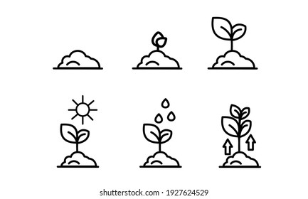 Agro, agrarian, farming. Agriculture icons, agro icons.The process of gardening, watering and plant growth.