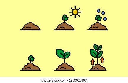 Agro, agricultural, farm. Agriculture icons, agro icons. The process of landscaping, watering and plant growth.