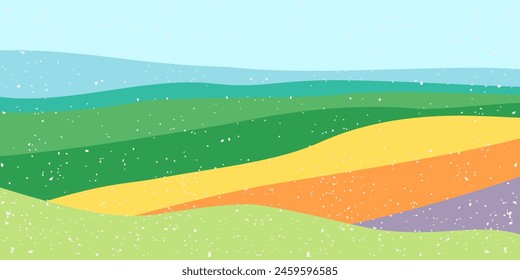 Agro background field rural plants. Horizontal abstract flyer poster banner backdrop. Landscape green yellow hills. Retro texture Flat vector