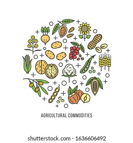 Agro commodities business concept background. Main plant origin products of the agro-industrial complex linear icons editable stroke. Coffee, Nuts, Cocoa, Legumes, Oil, Grain, Cotton, Vegetables