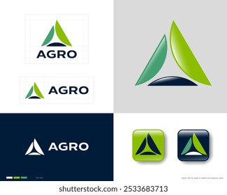 Agro company logo. Sign as triangle consist of segments of circle. Farm fresh food emblem. Identity.