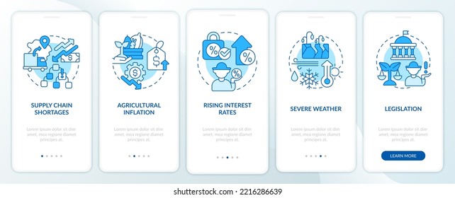 Agro economics problems blue onboarding mobile app screen. Walkthrough 5 steps editable graphic instructions with linear concepts. UI, UX, GUI template. Myriad Pro-Bold, Regular fonts used