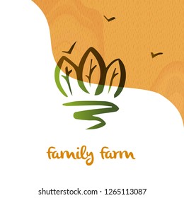 Agro family local farm. Ecology natural product organic food business. Silhouette three tree. Sketch vector illustration on wood texture background. 