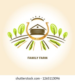 Agro family local farm. Ecology natural product organic food business. Silhouette house, tree and meadow. Sketch vector illustration on white background. 