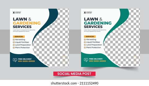 Agro farm services social media post or web banner template. Lawn gardening social media post design or agriculture farming service template. Eps 10
