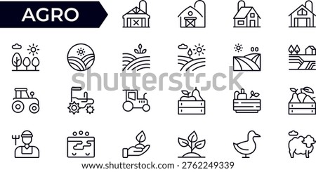 Agro and Farming Line Icon Set – Gardening, Harvest and Agriculture Outline Icons Collection with Editable Stroke Vector Symbols