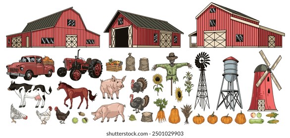 Agro industry set emblems colorful with agricultural buildings and farm equipment near livestock and crops vector illustration