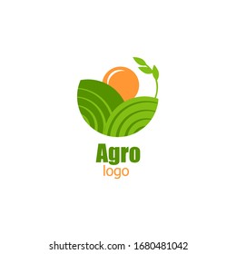 Agro logo for vegan food or company. Green fields and orange sun. Vector