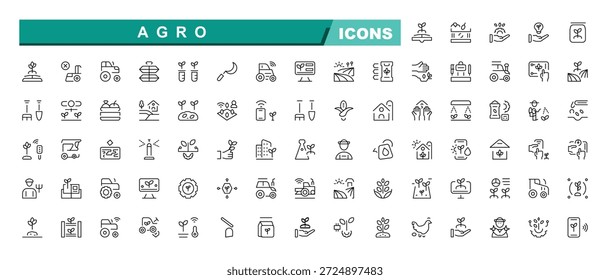 Conjunto de iconos lineales de Vector relacionados con Agro. Contiene íconos como campo, fertilizante, agroindustria y más. Colección de iconos relacionados con la agricultura aislados.