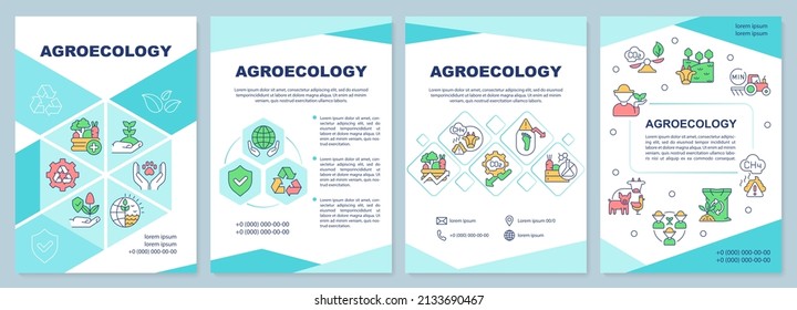 Agroecology blue brochure template. Environment care. Leaflet design with linear icons. 4 vector layouts for presentation, annual reports. Arial-Black, Myriad Pro-Regular fonts used