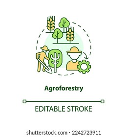 Agroforestry concept icon. Forest system. Regenerative agriculture technique abstract idea thin line illustration. Isolated outline drawing. Editable stroke. Arial, Myriad Pro-Bold fonts used