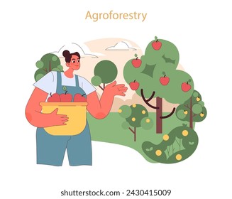 Agroforestry concept. Person holding a basket of fruit showcasing integrated approach of agriculture with tree farming.